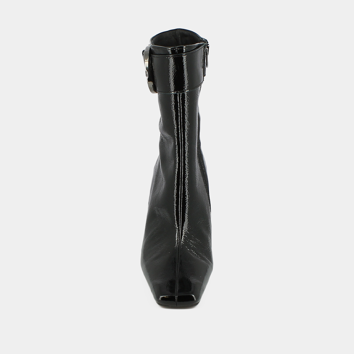 High heel ankle boots with buckles and round toes in black pleated patent leather | BANDOL