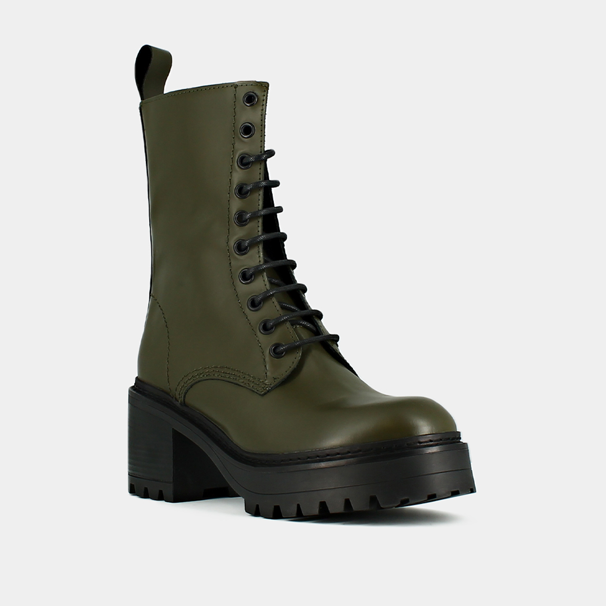 Platform boots with laces in glazed khaki leather | RUMBA