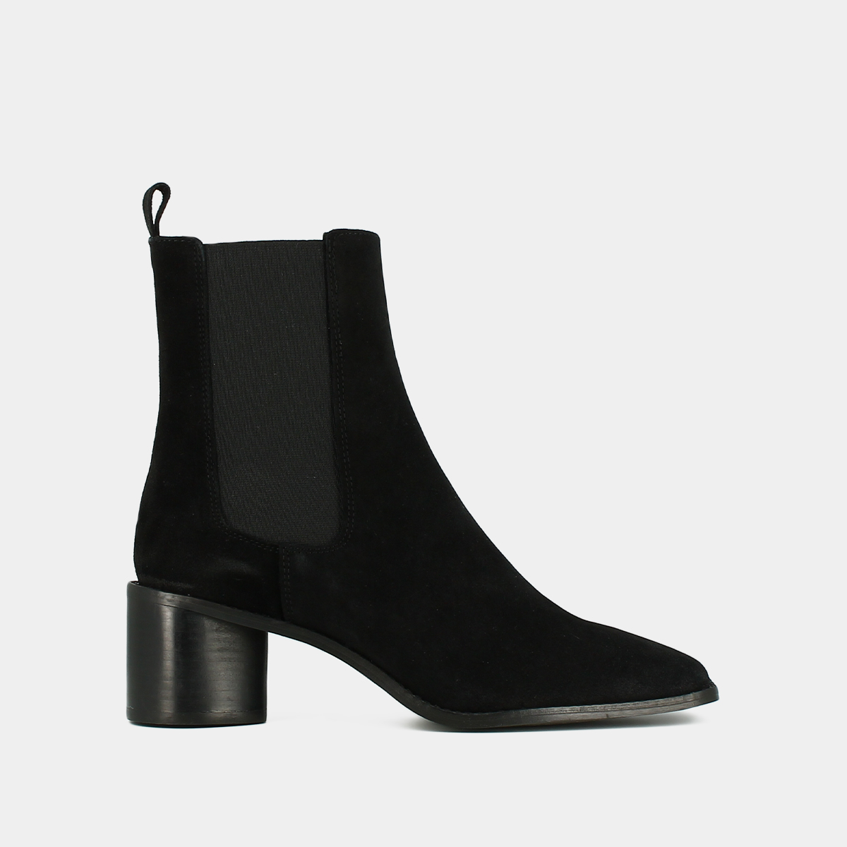 Mid-heeled ankle boots with square toes and elastics in black suede | BERGAMOTE