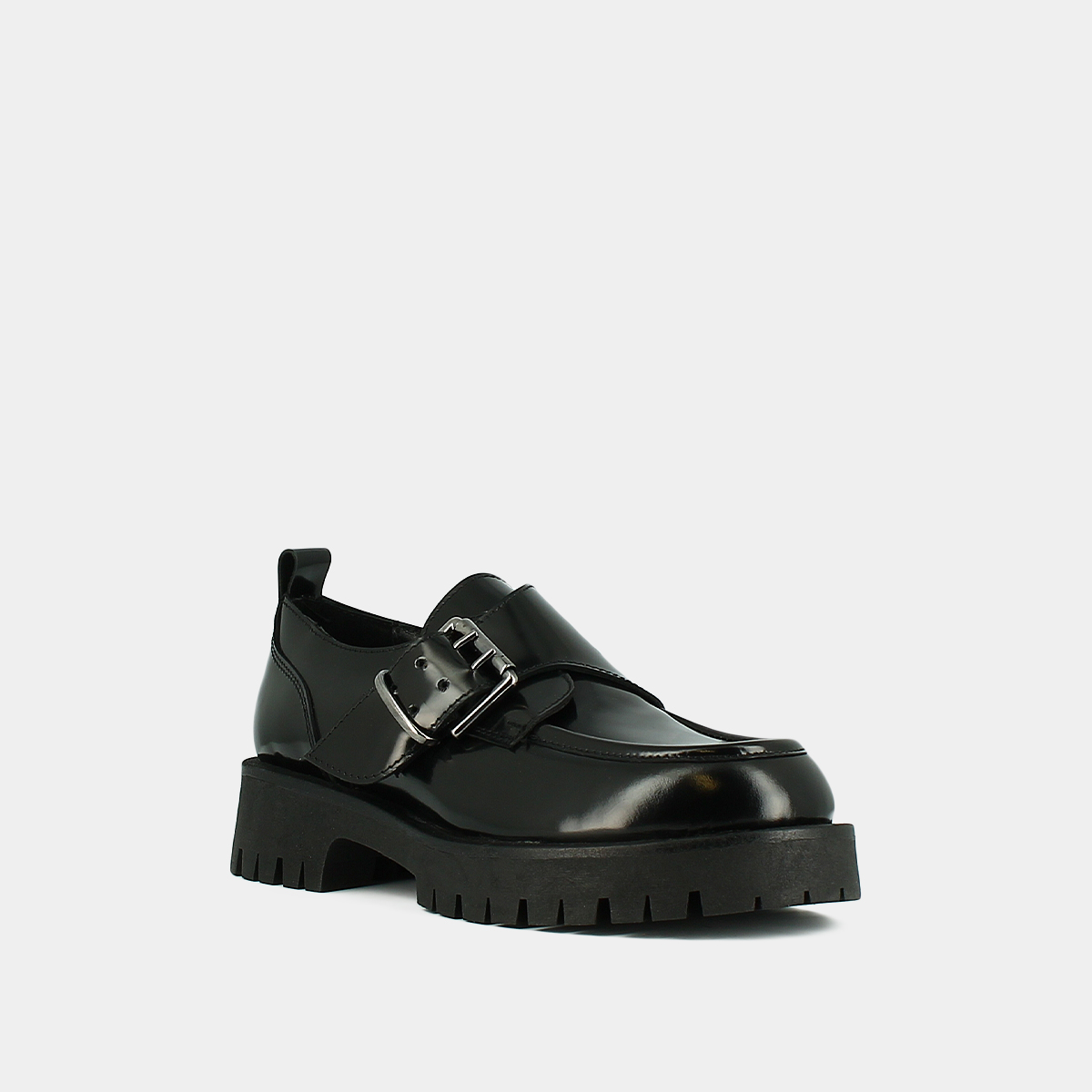 Derbies with flat heels, buckles and visible seams in black shiny leather | RAID