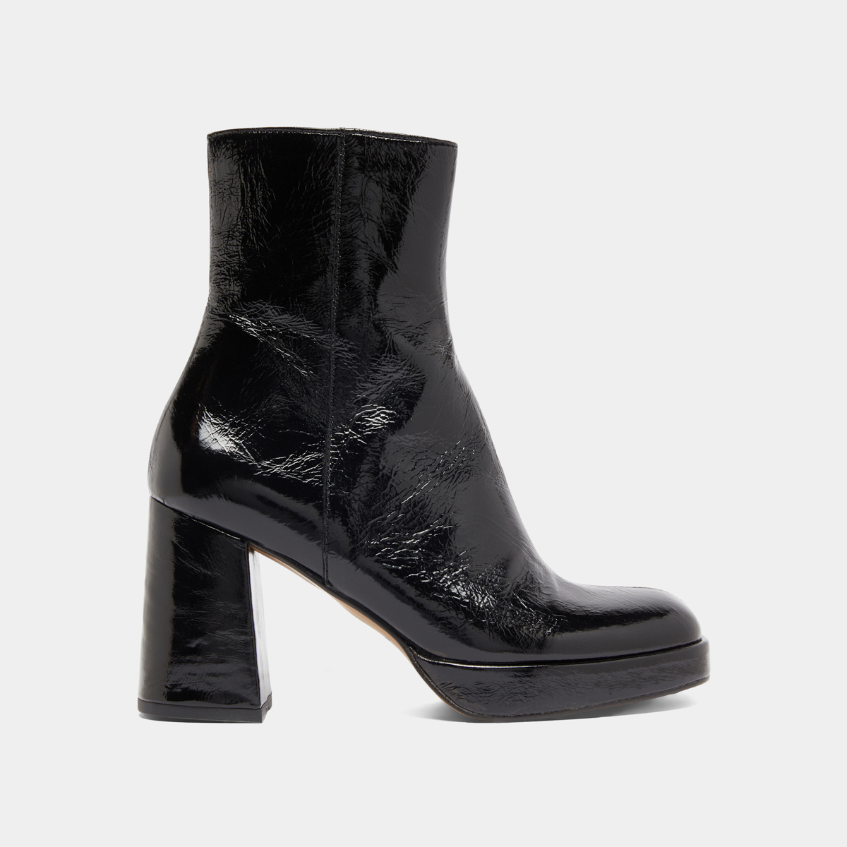 Platform ankle boots with square toes in black shiny leather | VORIS