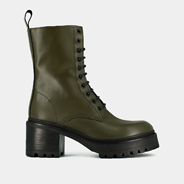 Platform boots with laces in glazed khaki leather | RUMBA