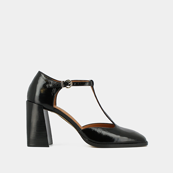 Babies high heels and square toes with straps in black shiny leather | VALLON