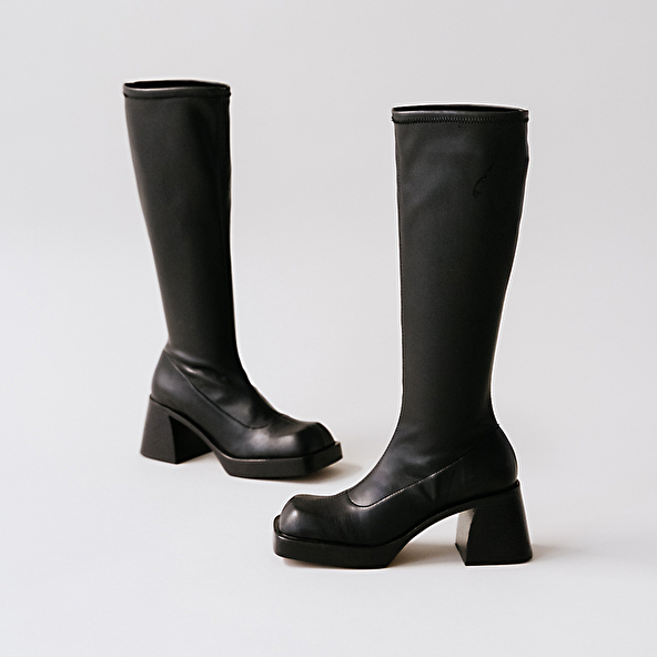 High boots with square toes in black textile | BALLOT