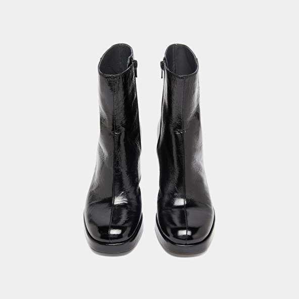 Platform ankle boots with square toes in black shiny leather | VORIS