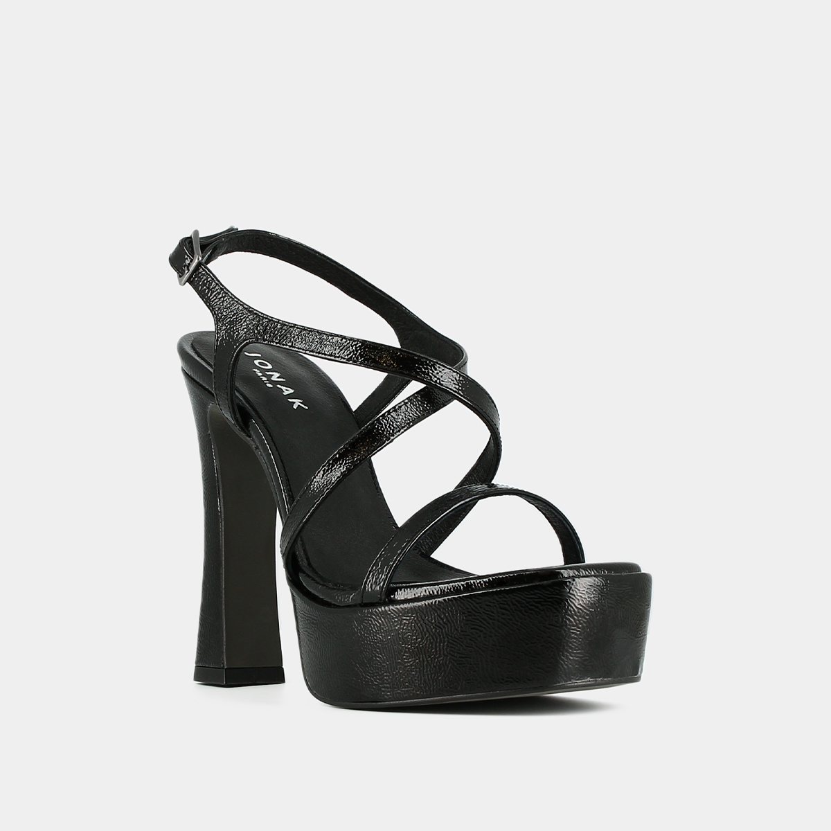 Platform sandals with crossed straps in black pleated leather | BOECIA