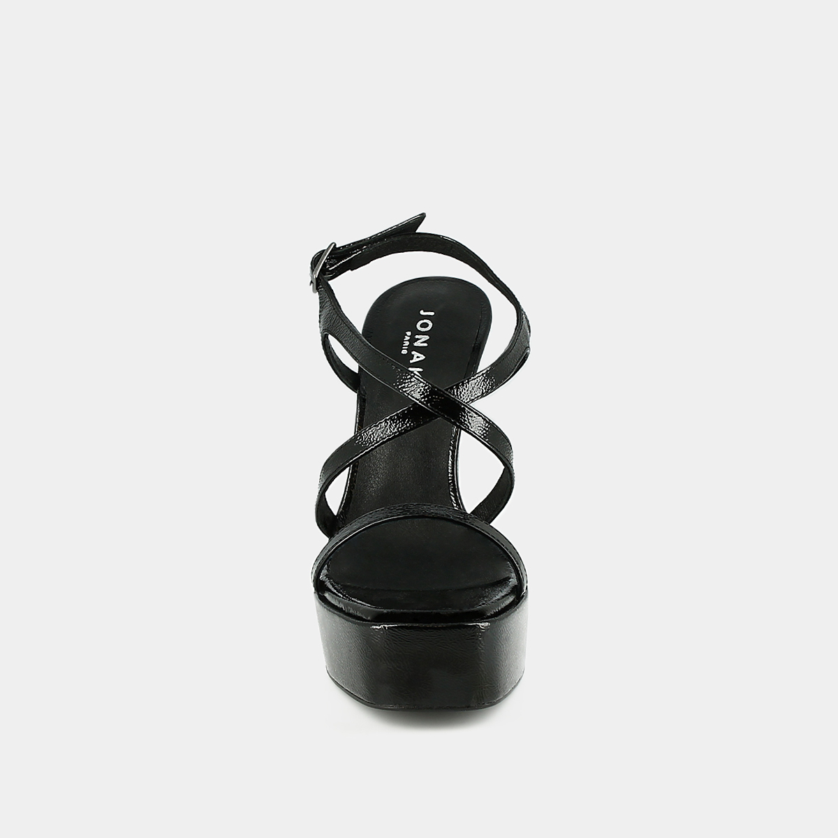 Platform sandals with crossed straps in black pleated leather | BOECIA