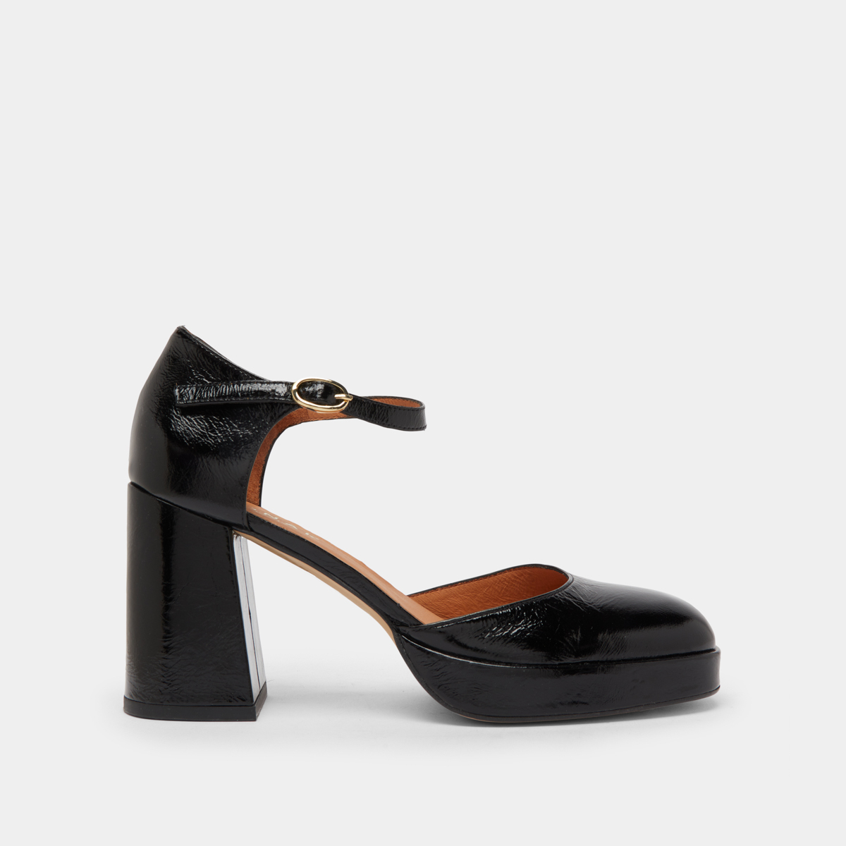 Heeled square-toe baby shoes in black shiny leather | VERO