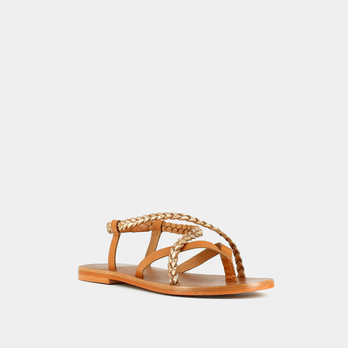 Sandals with straps in leather camel and gold | WARREN