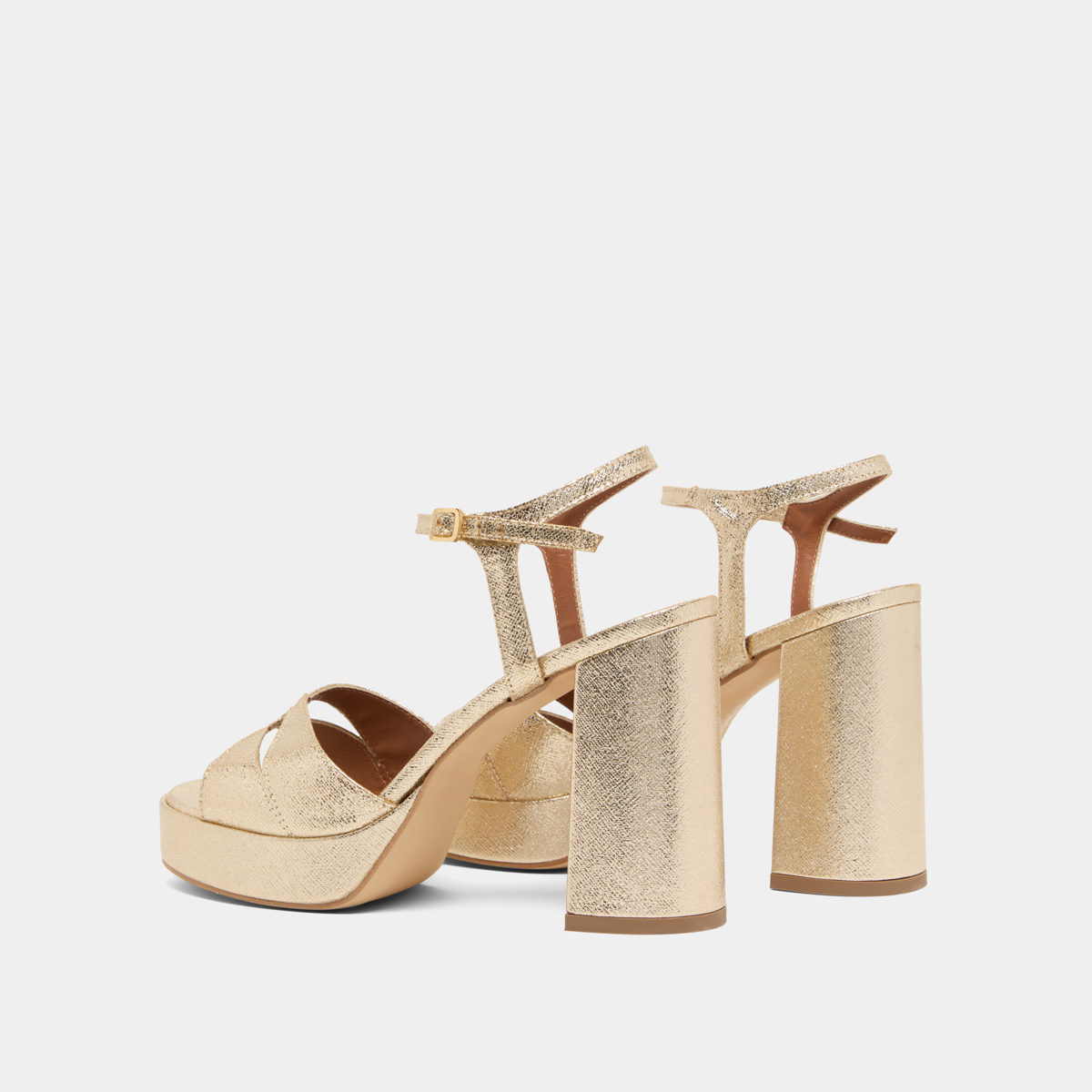 Platform sandals and high heels in platinum metallic textile | JUSTINE