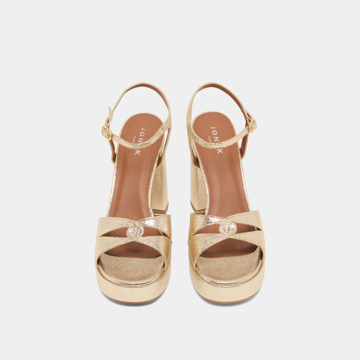 Platform sandals and high heels in platinum metallic textile | JUSTINE