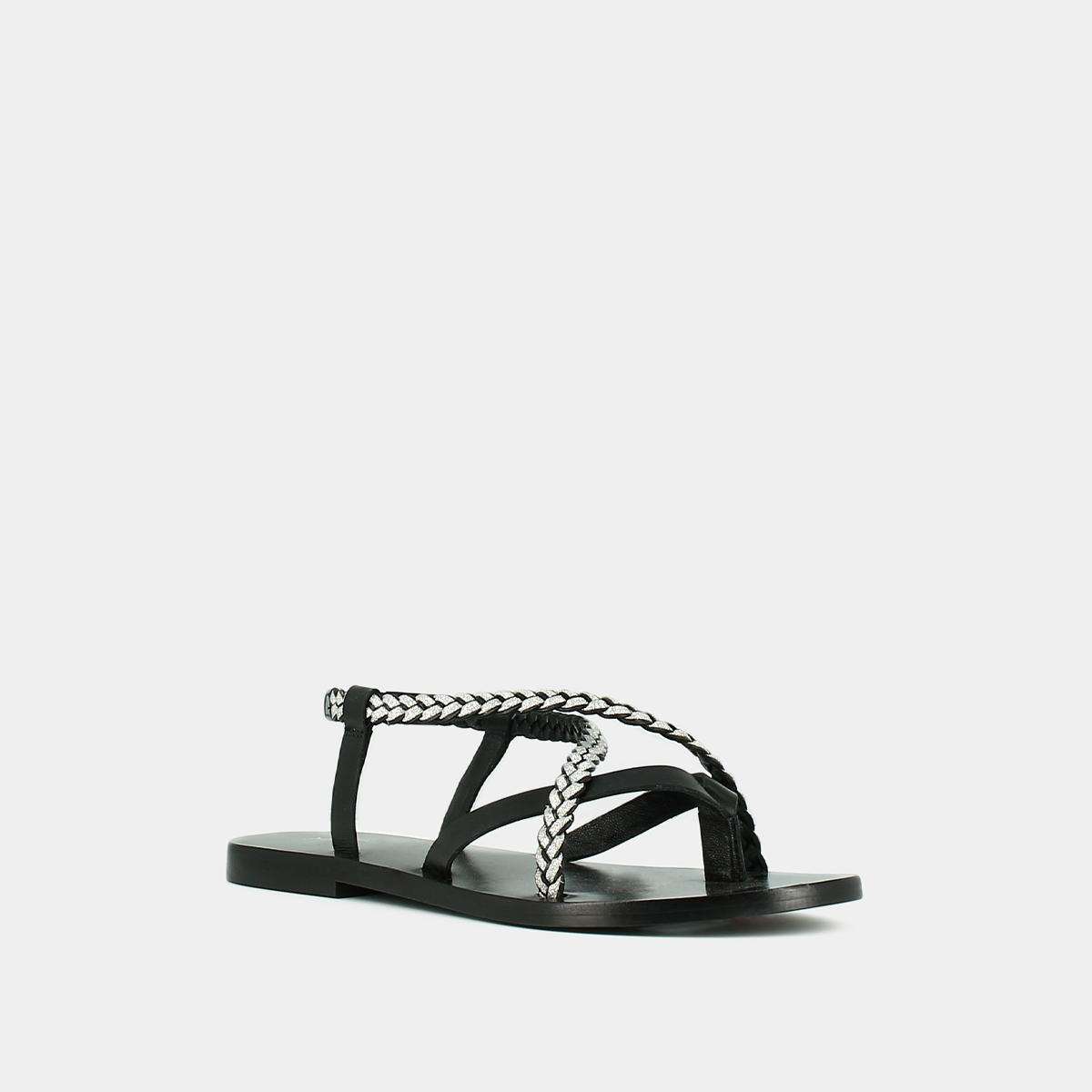 Sandals with braided straps in black and silver leather | WARREN
