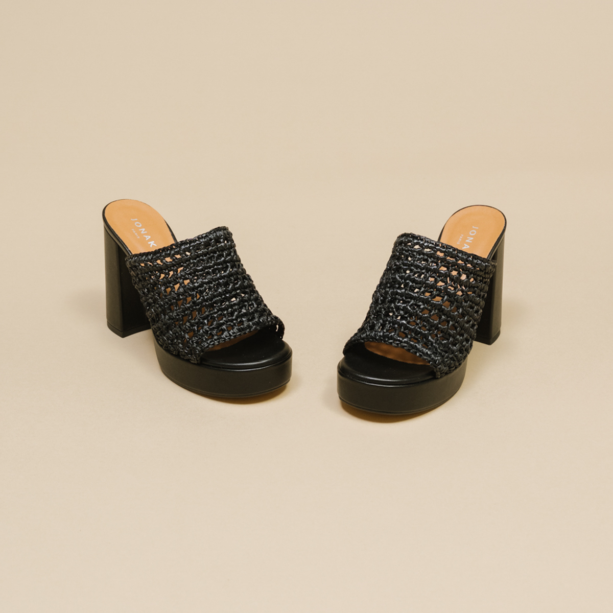 Openwork platform mules in black raffia | JULIETTE