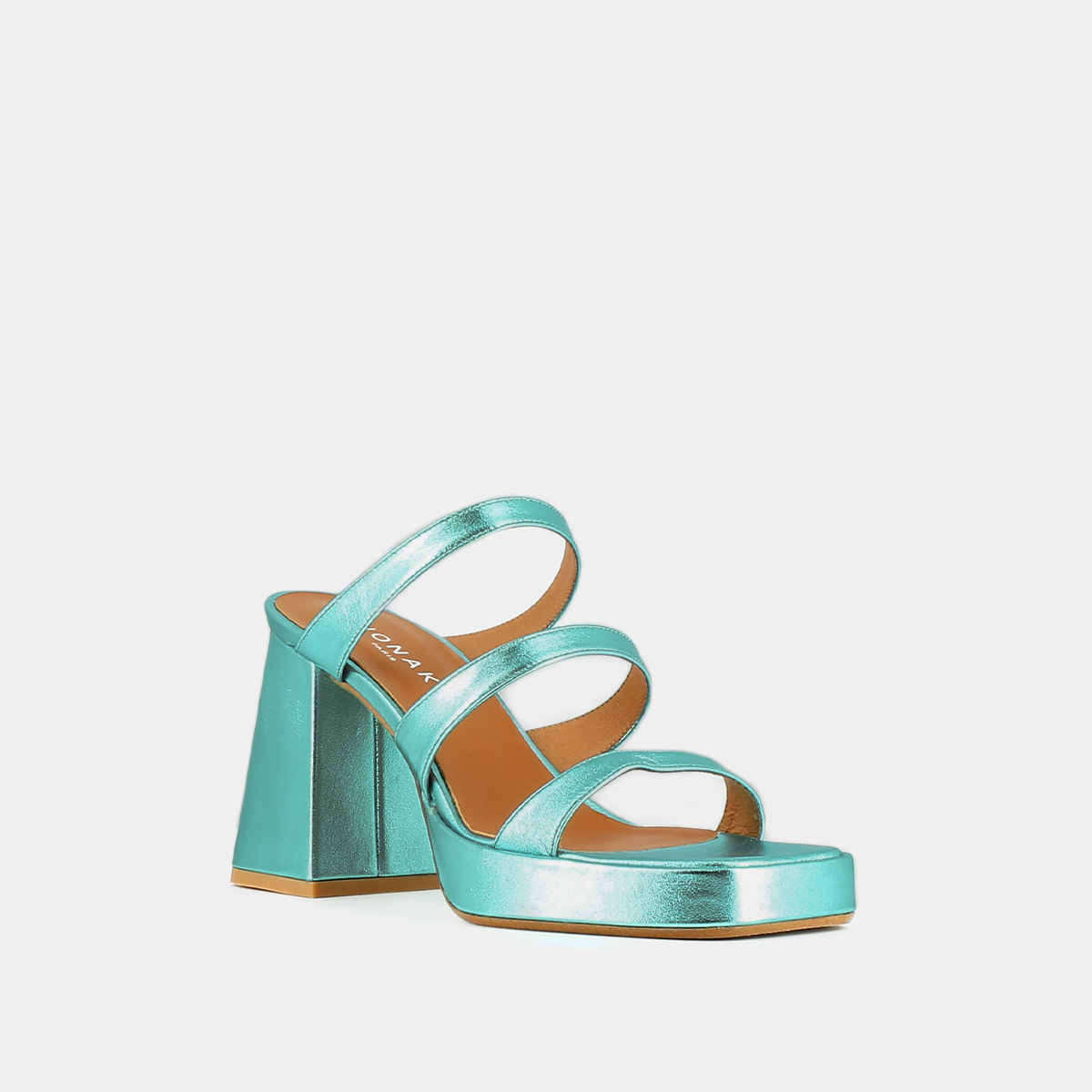 Mules with straps and square toes in turquoise metallic leather | DONZELLE
