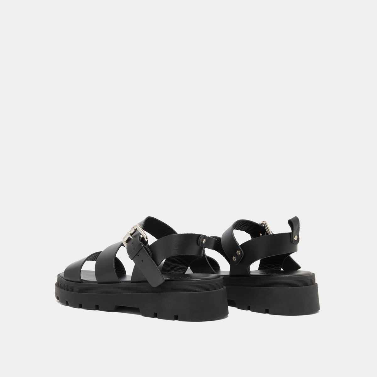 Platform sandals with buckles in black leather | PRIAME