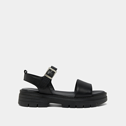 Platform sandals with straps in black leather | ask