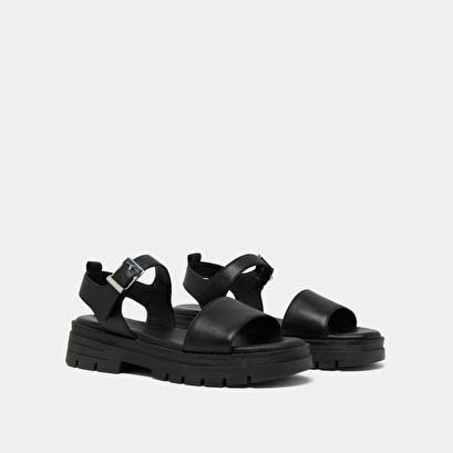Platform sandals with straps in black leather | ask