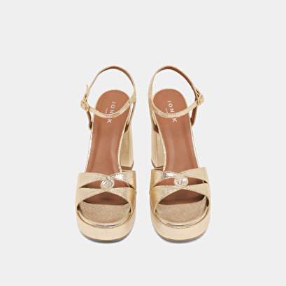 Platform sandals and high heels in platinum metallic textile | justine