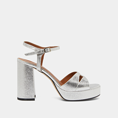 Platform sandals and high heels in silver metallic textile | JUSTINE