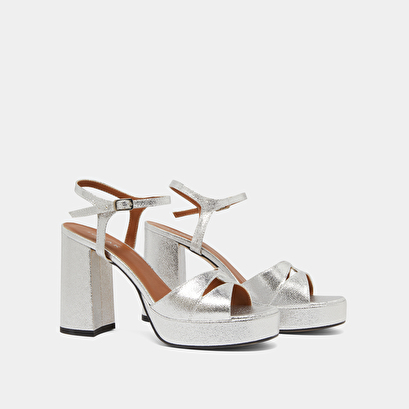 Platform sandals and high heels in silver metallic textile | JUSTINE