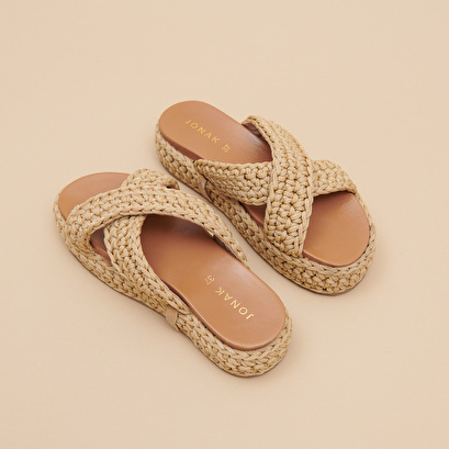 Platform mules with crossed straps in beige rope | WALDER