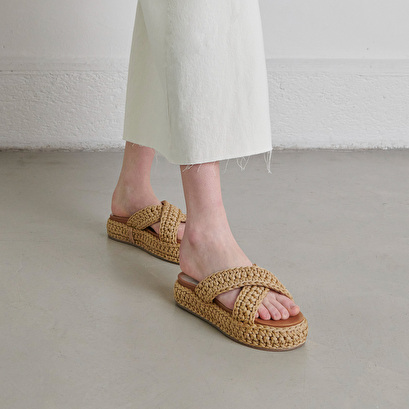 Platform mules with crossed straps in beige rope | WALDER