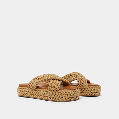 Platform mules with crossed straps in beige rope | WALDER