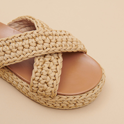 Platform mules with crossed straps in beige rope | WALDER