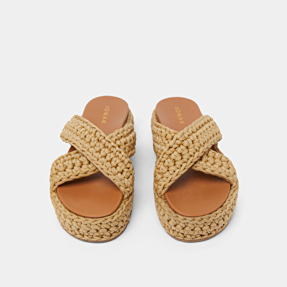 Platform mules with crossed straps in beige rope | WALDER
