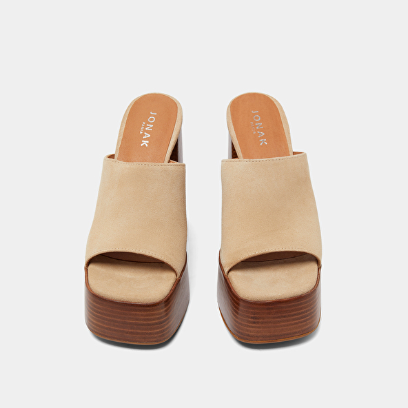 Mules with heels and open toes in beige suede | BEATRICE