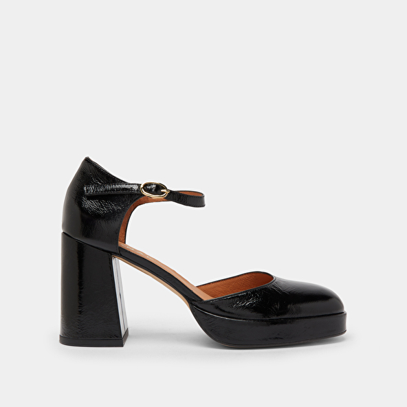 Heeled square-toe baby shoes in black shiny leather | VERO