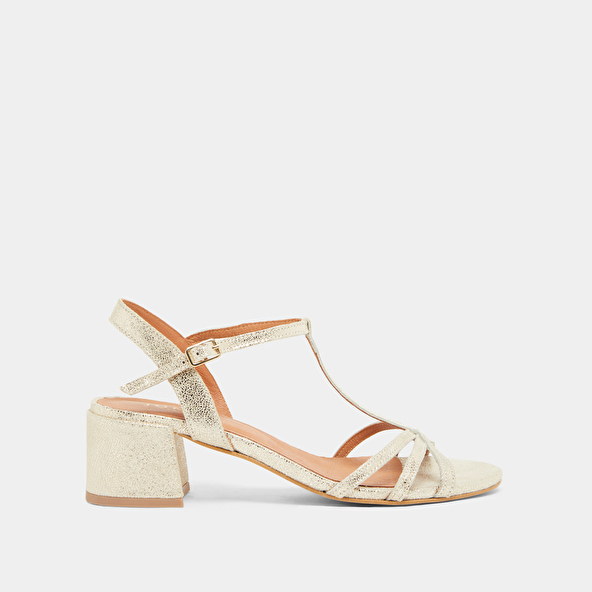 Sandals with heels and open toes in platinum laminated velvet | ADELIA