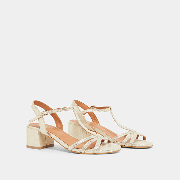 Sandals with heels and open toes in platinum laminated velvet | ADELIA