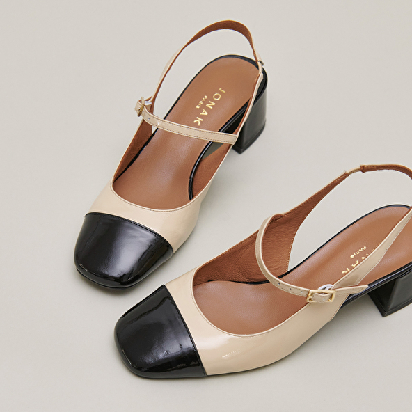 Heeled Mary Janes in black and ecru patent | DOUMY