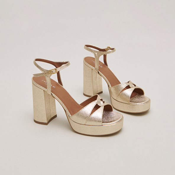 Platform sandals and high heels in platinum metallic textile | JUSTINE
