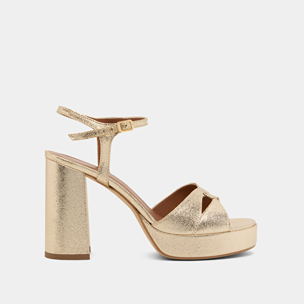 Platform sandals and high heels in platinum metallic textile | JUSTINE