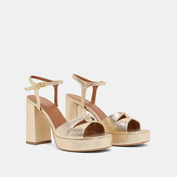 Platform sandals and high heels in platinum metallic textile | JUSTINE