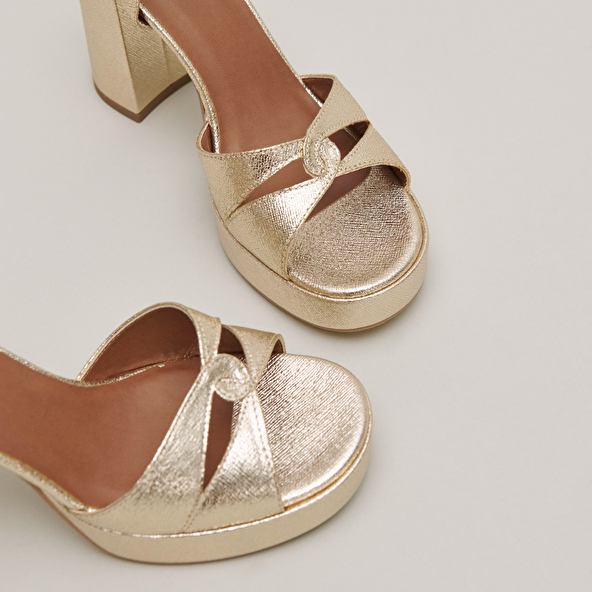 Platform sandals and high heels in platinum metallic textile | JUSTINE