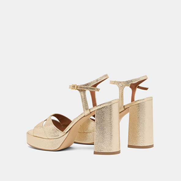 Platform sandals and high heels in platinum metallic textile | JUSTINE