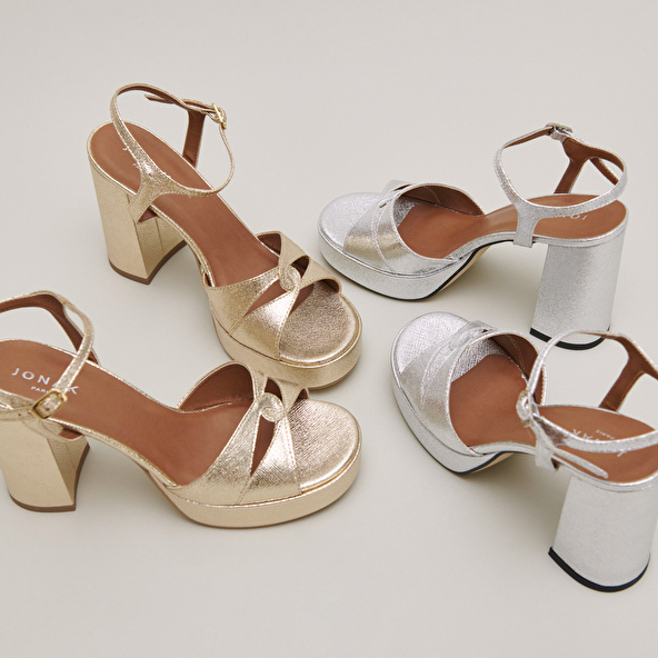 Platform sandals and high heels in platinum metallic textile | JUSTINE