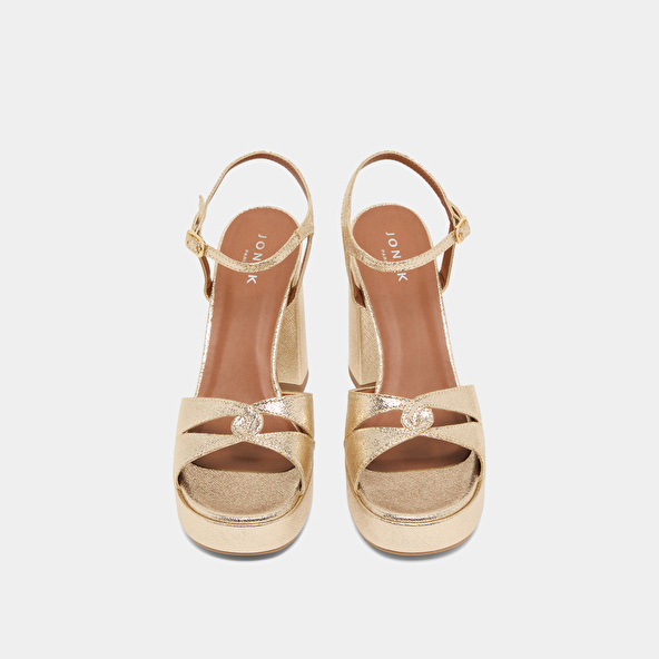 Platform sandals and high heels in platinum metallic textile | JUSTINE