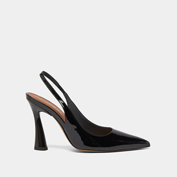 Pointed toe slingback pumps in black patent | DRESSY