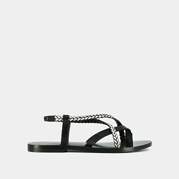 Sandals with braided straps in black and silver leather | WARREN