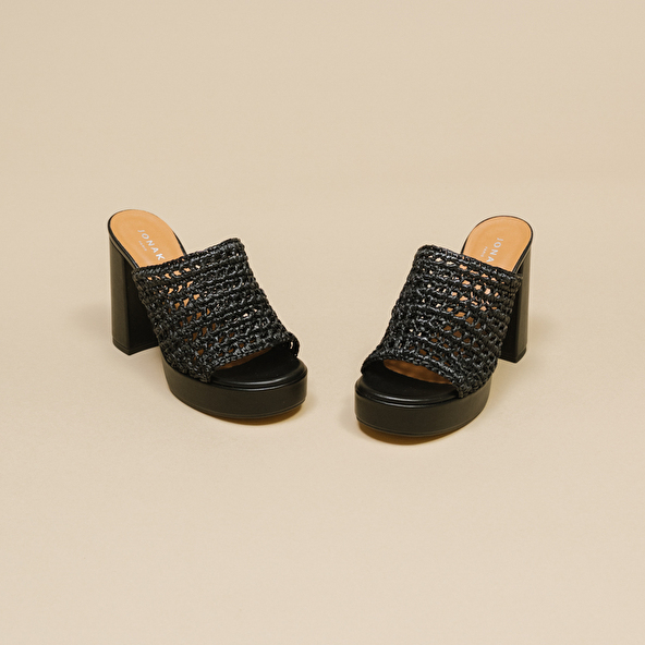 Openwork platform mules in black raffia | JULIETTE