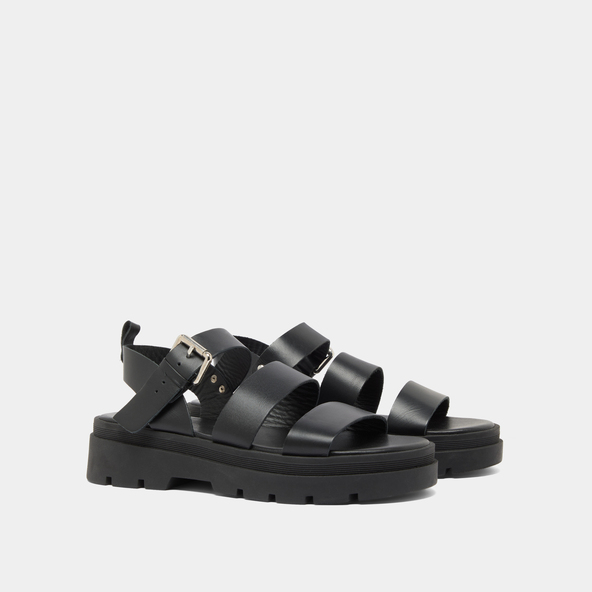 Platform sandals with buckles in black leather | PRIAME