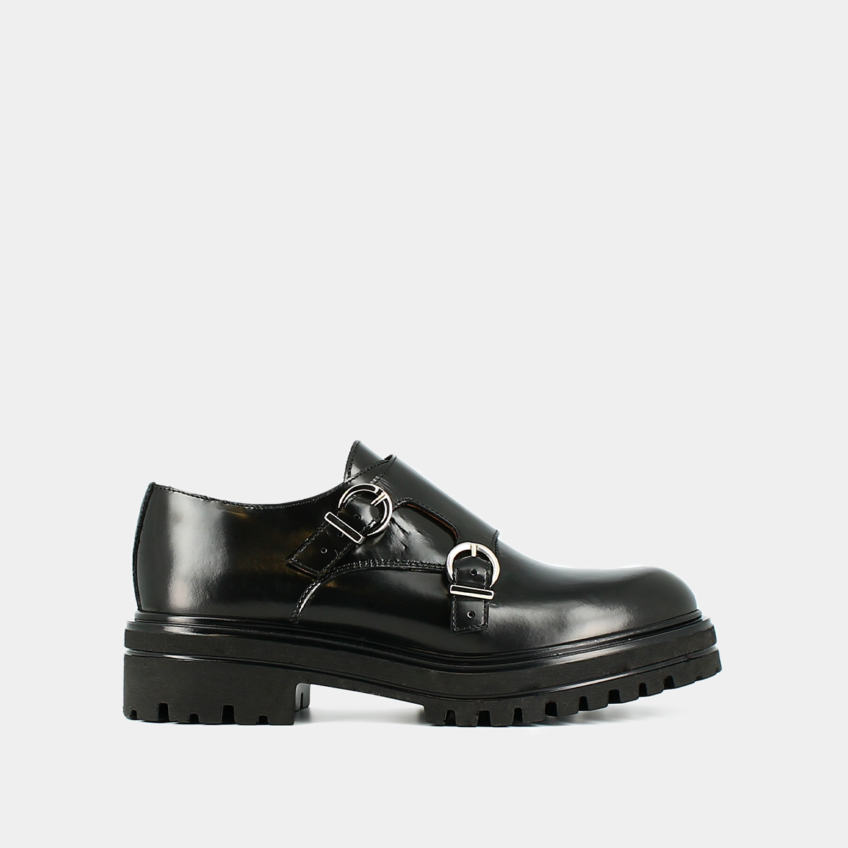 Derbies with double buckles and notched soles in black glazed leather | AMSTERDAM