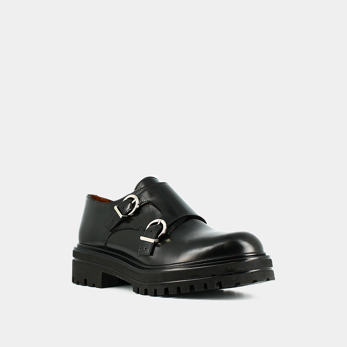 Derbies with double buckles and notched soles in black glazed leather | AMSTERDAM