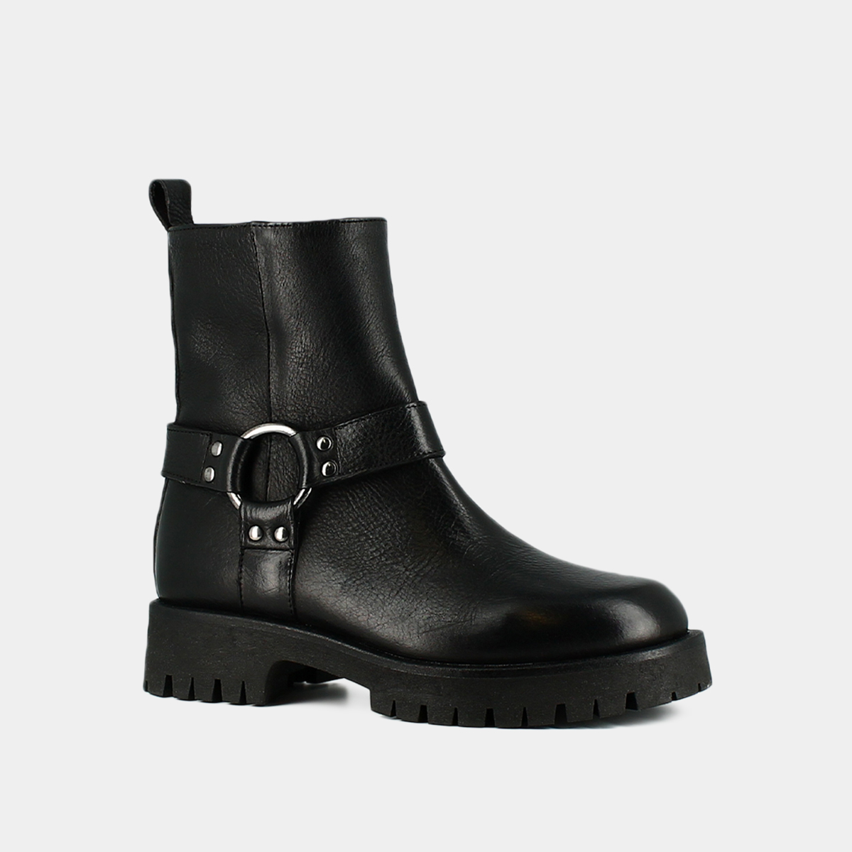 Boots with straps and notched soles in black grained leather | REGINA