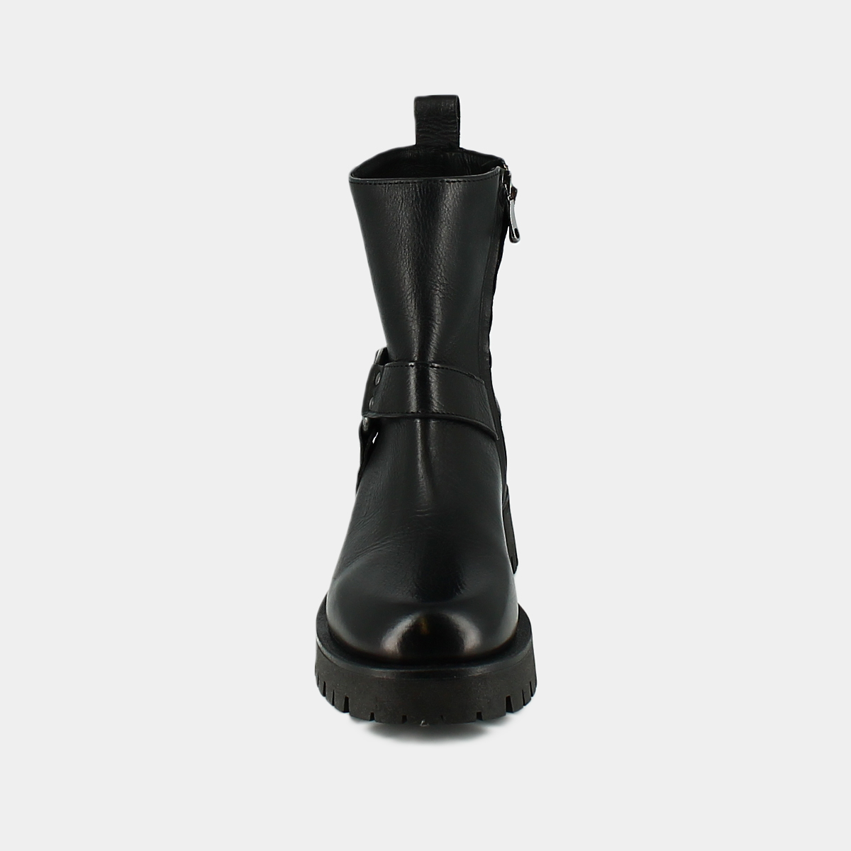 Boots with straps and notched soles in black grained leather | REGINA