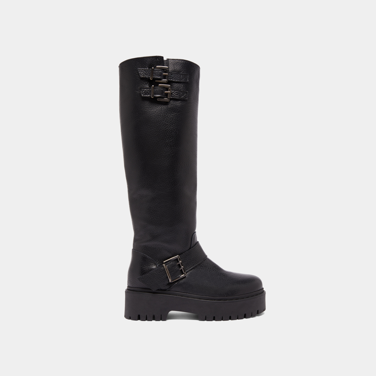 Chunky Strap Boots with Treaded Soles in black grained leather | REINE